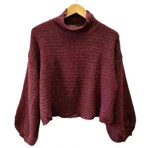 Topshop Balloon Sleeve Roll Neck Sweater  Cropped Burgundy Size 4 Small